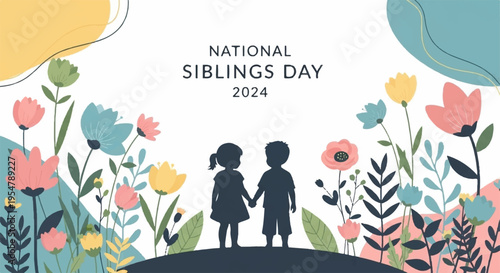 Silhouettes of siblings holding hands in colorful flowers for sibling day
