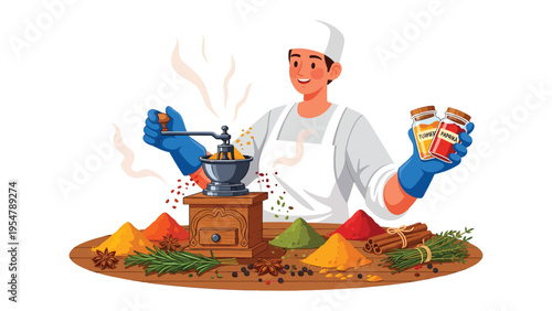 Flavorful Infusion: A chef, surrounded by vibrant spices, grinds herbs with a vintage mill. The scene captures the artistry of culinary creation, a symphony of flavors and aromas.