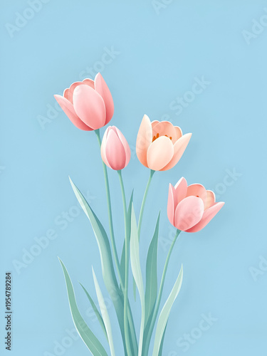 Spring tulips flowers art illustration, in minimalistic style. Pastel blue color tones