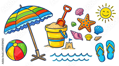 A collection of colorful, hand-drawn beach vacation items including a striped umbrella, beach ball, bucket and spade, sandcastle, shells, flip-flops, waves, and a smiling sun against.
