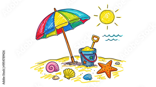 A vibrant, hand-drawn illustration depicts a cheerful beach scene with a colorful umbrella, sand bucket filled with sand and a shovel, seashells, starfish, and a smiling sun against a white background