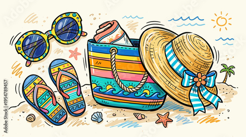 A vibrant illustration features beach essentials like sunglasses, flip-flops, a straw hat, and a tote bag arranged on the sand under a playful sun and sea.