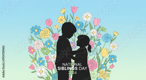 Silhouette of siblings in front of colorful flowers on siblings day symbolizing love and family bond