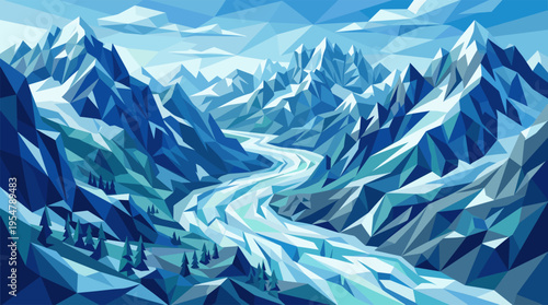 Geometric low-poly illustration of a vast blue mountain range with a winding glacier flowing through the valley under a sky with abstract clouds.
