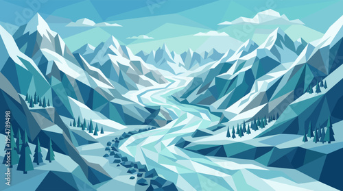 A stylized, geometric landscape illustration depicts a winding glacier flowing through majestic, snow-capped mountains under a pale blue sky with abstract clouds.
