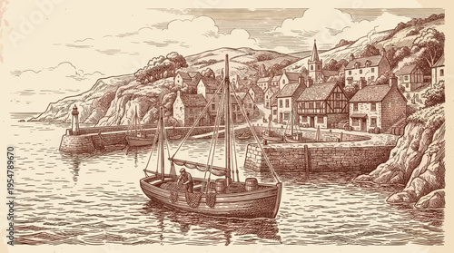 Vintage illustration of a fishing boat at a harbor with a quaint village on a hillside, evoking a nostalgic and peaceful atmosphere for travel or historical themes.