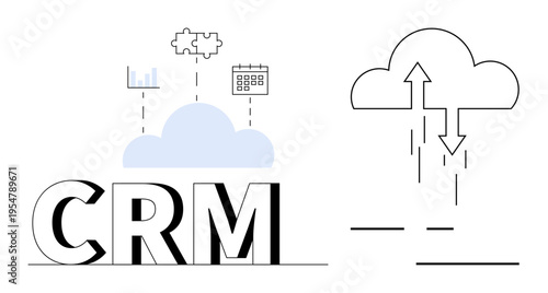 CRM system concept. CRM connects cloud computing, data integration, and business analytics for organized solutions. CRM supports operations, data management, and modern tech applications. Ideal