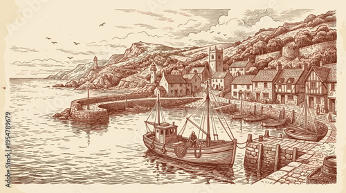 An old-fashioned engraving depicts a quaint harbor village with fishing boats, a lighthouse, and a church nestled against rolling hills by the sea.