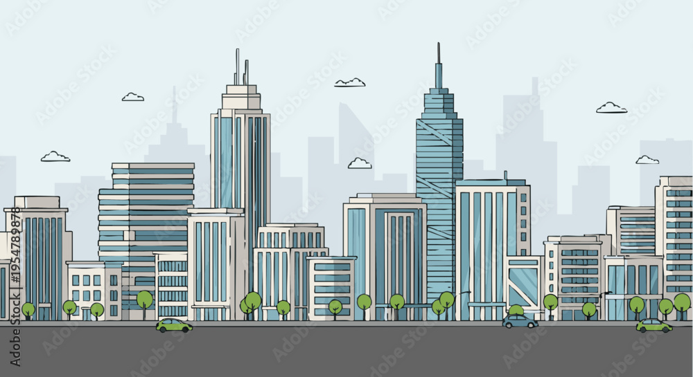 Fototapeta premium Modern Hand Drawn City Skyline Illustration with Skyscrapers