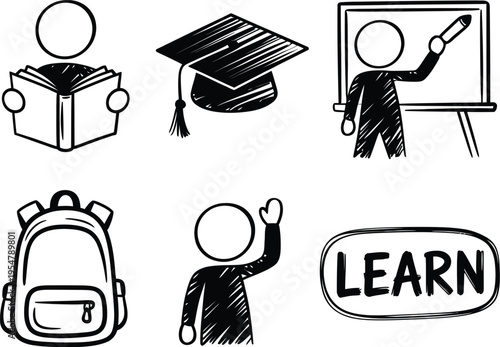 Education Doodle Icons Collection with Student, Graduation Cap, Backpack and Learning Symbols Vector Set
