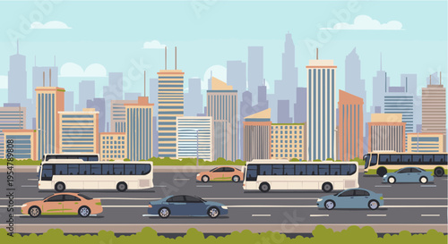 Modern City Skyline with Busy Highway Traffic Illustration