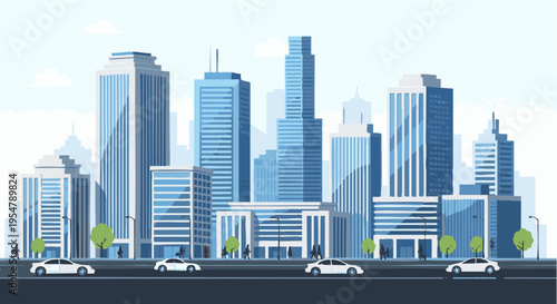 Modern City Skyline Illustration with Skyscrapers and Traffic