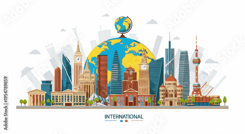 International Global Landmarks and Earth Globe Vector Illustration