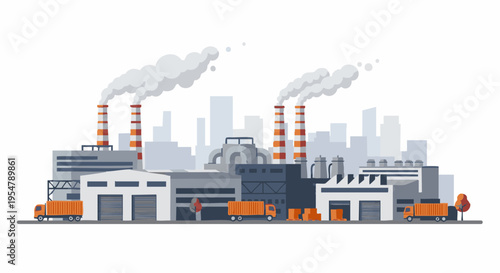 Industrial Factory Plant with Smoking Chimneys and Logistics Trucks
