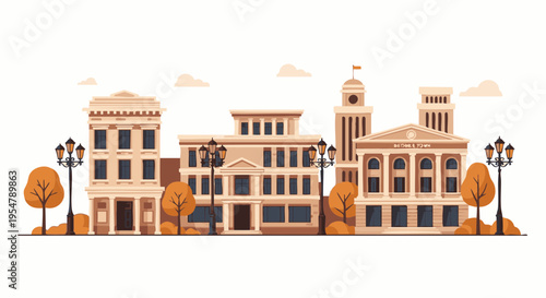 Flat Vector Illustration of Classic City Buildings in Autumn
