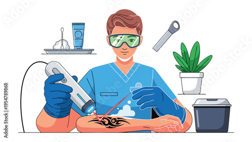 Laser Tattoo Removal: A medical professional employs cutting-edge laser technology to expertly remove a tattoo from a patient's arm, showcasing a modern procedure.
