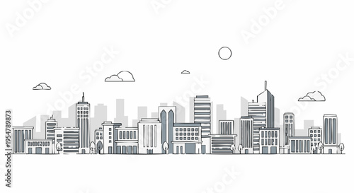 Hand drawn cityscape skyline illustration in doodle style
