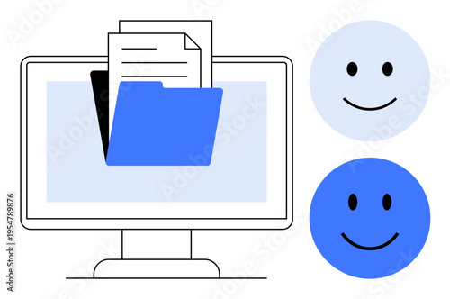 File management concept. Digital files displayed in a folder on a computer screen, accompanied by happy feedback icons. File management for organization, productivity, user experience, reviews