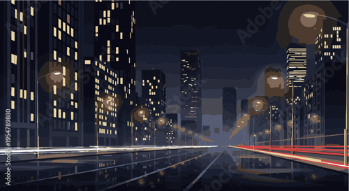 Night Cityscape Illustration with Skyscrapers and Traffic Light Trails