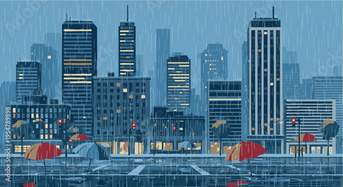 Modern city skyline illustration during heavy rain with umbrellas