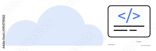 Cloud computing, web development, data storage, digital technology, IT services, programming. A cloud icon next to a coding symbol. Cloud computing and web development concept