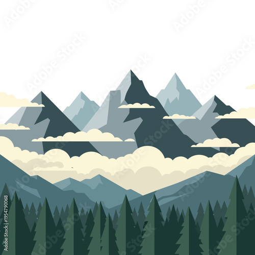 Stylized illustration of majestic mountain peaks shrouded in clouds, with a dense forest in the foreground.