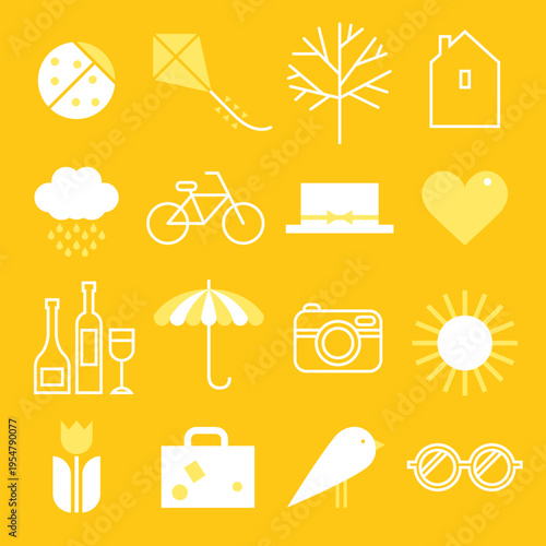 Icon set of the summer outdoor symbols. Illustration of the summer rest and vacation symbols in minimalistic geometric style