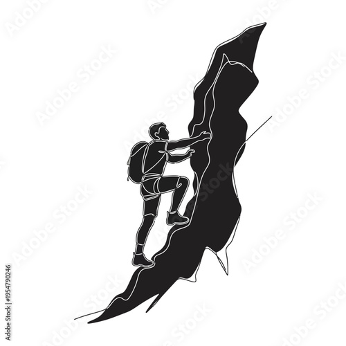 Silhouette of a man climbing a steep rock face with a backpack, representing adventure and outdoor sports.