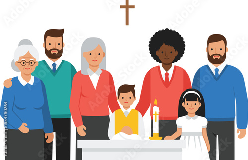 Diverse family and children standing around communion table with cross people
