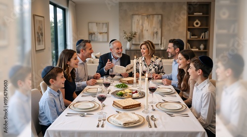 Multi generational Jewish family celebrating Passover Seder at home. Grandfather reading the Haggadah at the festive holiday dinner table