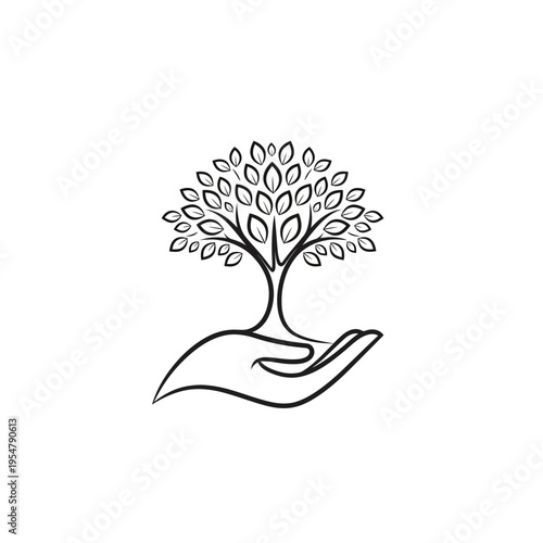 Stylized illustration of a hand holding a flourishing tree, symbolizing growth, nature, and care.