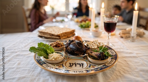 Traditional Passover Seder plate with symbolic foods. Close up of roasted shank bone and bitter herbs with family gathering in the background