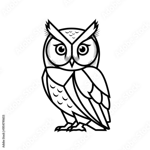 Stylized illustration of an owl in black and white, with geometric shapes and clean lines, standing on its feet.