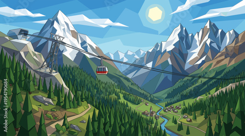A stylized, geometric illustration of a red cable car transporting passengers over a lush green valley with a winding blue river and a small alpine village below snow-capped mountains.