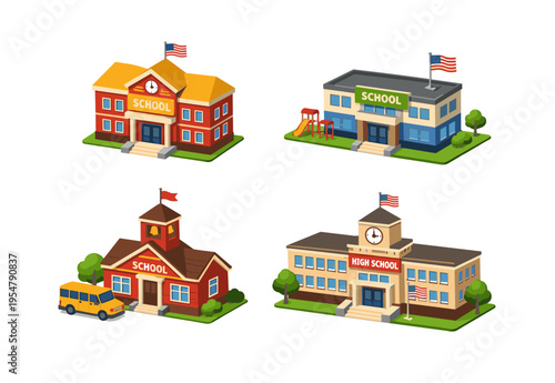 Collection of diverse school buildings with American flags and educational elements