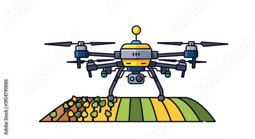 Drone flying over a field with a camera attached to it for agricultural purposes effectively