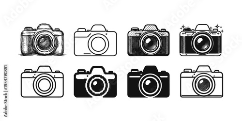 Collection of diverse camera icons in various artistic styles and graphic representations
