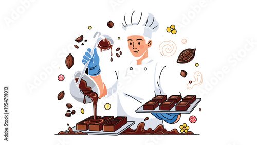 Artisan's Delight: A chef, focused and skillful, expertly crafts decadent chocolate treats, showcasing the art of confectionery.
