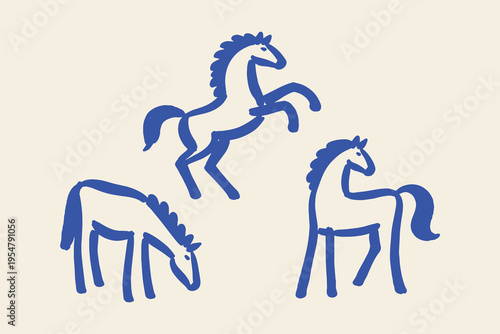 Horses set naive art style hand drawn vector illustration