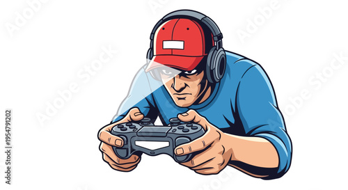 Young gamer wearing headphones and holding a game controller intently
