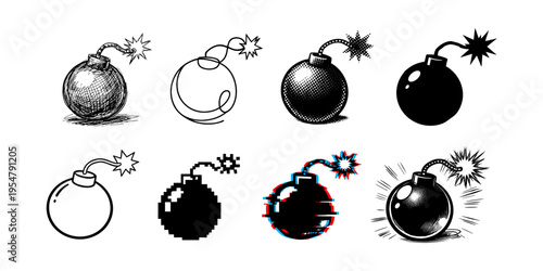 Collection of eight diverse bomb icons in various artistic styles, ready for use