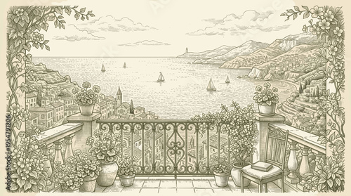 A vintage sketch depicts a charming coastal village with sailboats on the sea, seen from a balcony adorned with potted flowers and ornate railings.