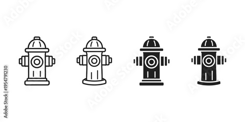 Set of four fire hydrant icons in outline and solid fill styles on a white background