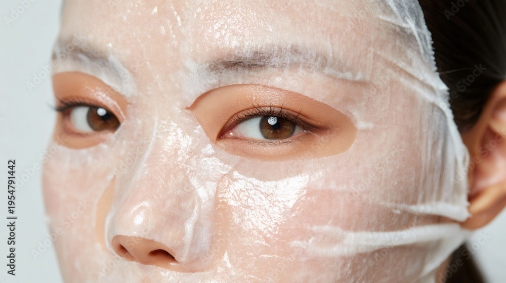 Naklejka premium Woman applying moisturizing sheet mask for skincare routine