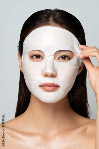 Obraz Asian woman applying hydrating sheet mask for skin care