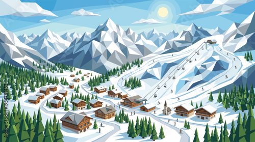 A vibrant, geometric illustration of a winter ski resort nestled in snowy mountains with ski slopes, chalets, pine trees, and a sunny sky.