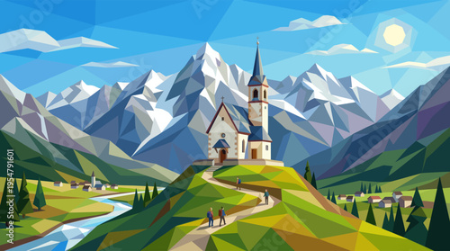 A stylized low-poly illustration of a quaint village nestled in a valley below majestic snow-capped mountains, with a church on a hilltop and hikers on a path.