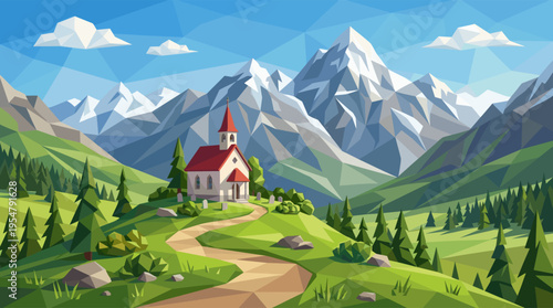 A charming white church with a red steeple sits atop a lush green hill, nestled amongst pine trees, with majestic snow-capped mountains in the background under a clear blue sky.