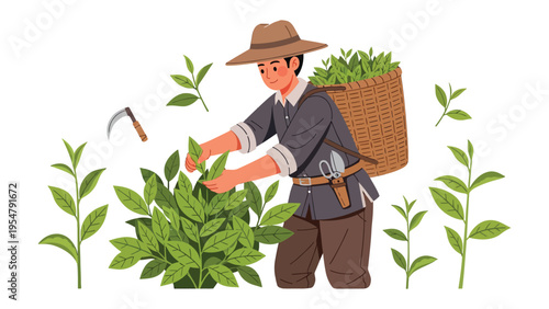 Tea Farmer at Work: An individual meticulously harvests tea leaves from lush green tea plants, embodying the essence of traditional agricultural practices.