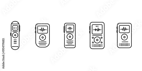 Collection of five different digital voice recorders with waveform displays and controls
